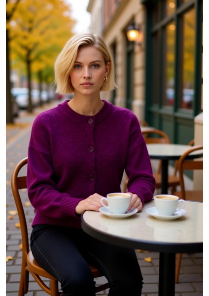 Kadın Alpaka Karışımlı Triko Hırka Düşük Kol Bisiklet Yaka Düğmeli Rahat Kesim Kışlık Şıklık Günlük fiyatları