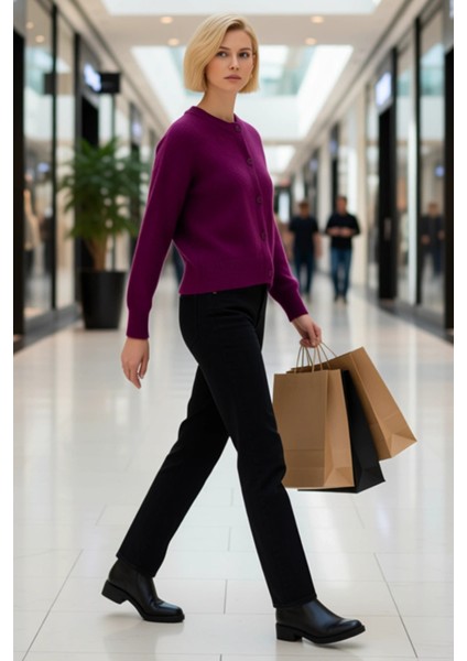 Kadın Alpaka Karışımlı Triko Hırka Düşük Kol Bisiklet Yaka Düğmeli Rahat Kesim Kışlık Şıklık Günlük modelleri