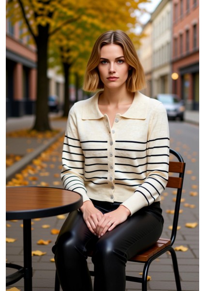 Kadın Çizgili Desenli Polo Yaka Düğmeli Crop Triko Hırka Uzun Kollu Rahat Kalıp Ilkbahar Sonbahar fiyatları