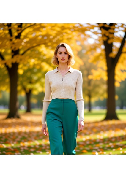 Kadın Crop Kesim Fermuarlı Polo Yaka Uzun Kollu Fitilli Triko Hırka Günlük Şıklık ve Sunan Tasarım