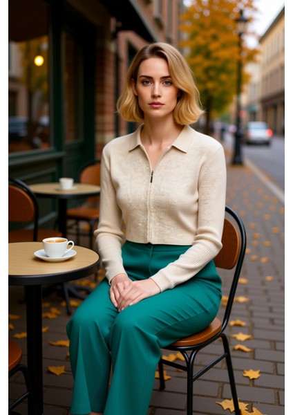 Kadın Crop Kesim Fermuarlı Polo Yaka Uzun Kollu Fitilli Triko Hırka Günlük Şıklık ve Sunan Tasarım fiyatları