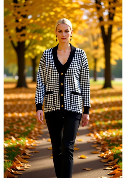 Kadın Şık ve Rahat Oversize Kesim Kazayağı Desenli V Yaka Düşük Kol Uzun Boy Triko Hırka Spor