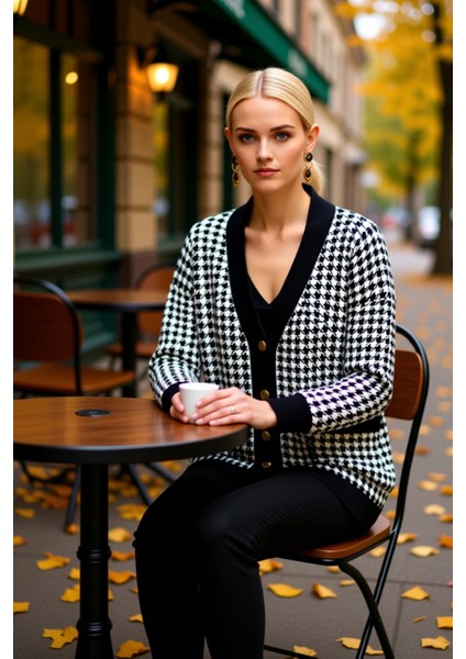 Kadın Şık ve Rahat Oversize Kesim Kazayağı Desenli V Yaka Düşük Kol Uzun Boy Triko Hırka Spor fiyatları