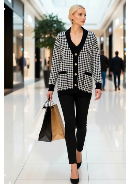 Kadın Şık ve Rahat Oversize Kesim Kazayağı Desenli V Yaka Düşük Kol Uzun Boy Triko Hırka Spor modelleri