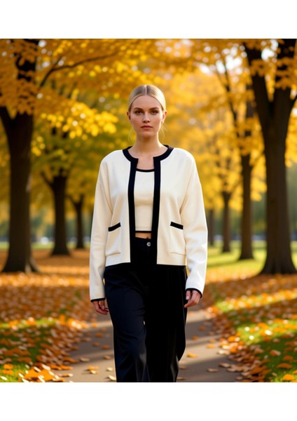 Kadın Konforlu Iki Parça Triko Takım Düşük Kollu Bisiklet Yaka Bluz ve Açık Hırka Seti Şık