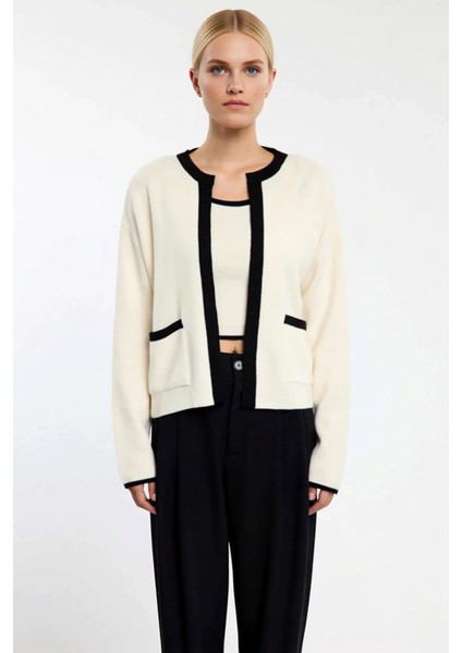 Kadın Konforlu Iki Parça Triko Takım Düşük Kollu Bisiklet Yaka Bluz ve Açık Hırka Seti Şık fırsatları