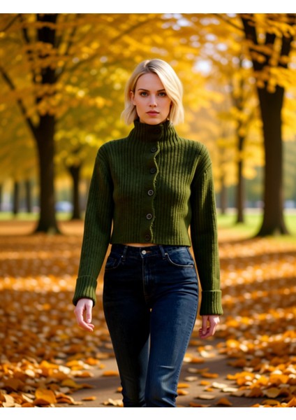 Kadın Dik Yaka Fitilli Dokuma Crop Oversize Triko Hırka Düşük Kol Rahat Kesim Günlük Şıklık