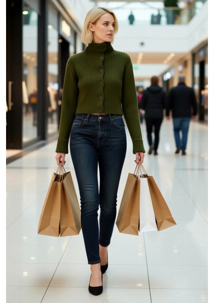 Kadın Dik Yaka Fitilli Dokuma Crop Oversize Triko Hırka Düşük Kol Rahat Kesim Günlük Şıklık modelleri