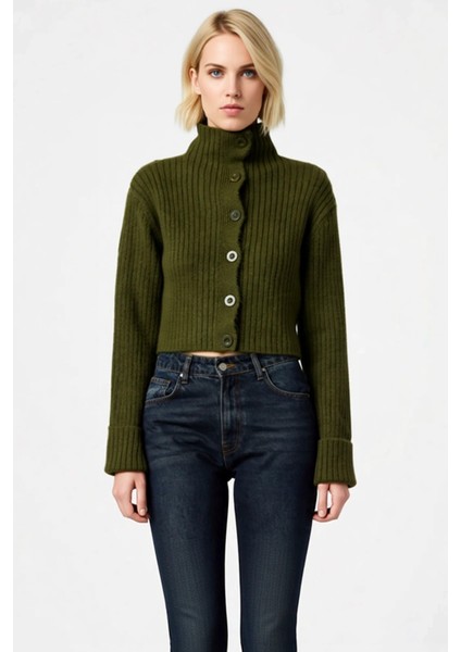 Kadın Dik Yaka Fitilli Dokuma Crop Oversize Triko Hırka Düşük Kol Rahat Kesim Günlük Şıklık fırsatları