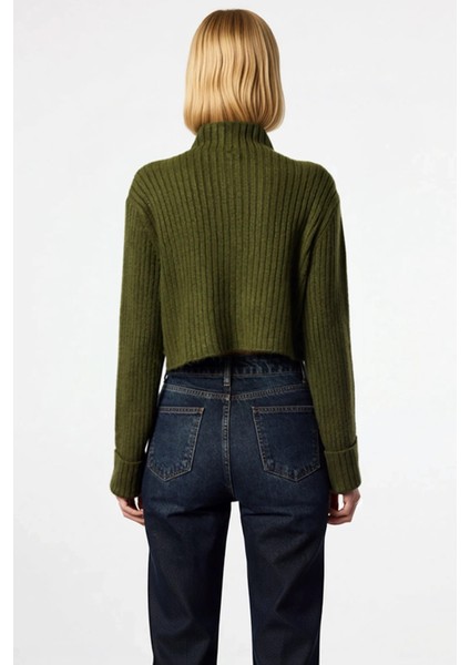 Kadın Dik Yaka Fitilli Dokuma Crop Oversize Triko Hırka Düşük Kol Rahat Kesim Günlük Şıklık indirimleri