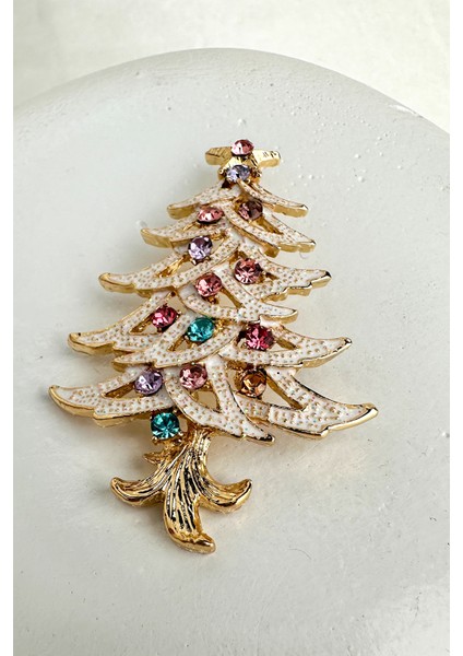 Yılbaşı Özel Altın Renkli Taşlı Çam Ağacı Broş (5cm)