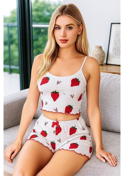 Arias Closet Penye Kumaş Çilek Desen Beyaz Şortlu Takım