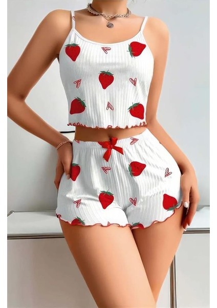 Arias Closet Penye Kumaş Çilek Desen Beyaz Şortlu Takım modelleri