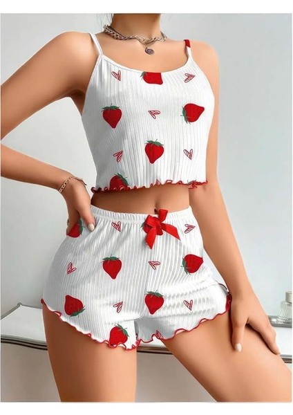 Arias Closet Penye Kumaş Çilek Desen Beyaz Şortlu Takım fırsatları