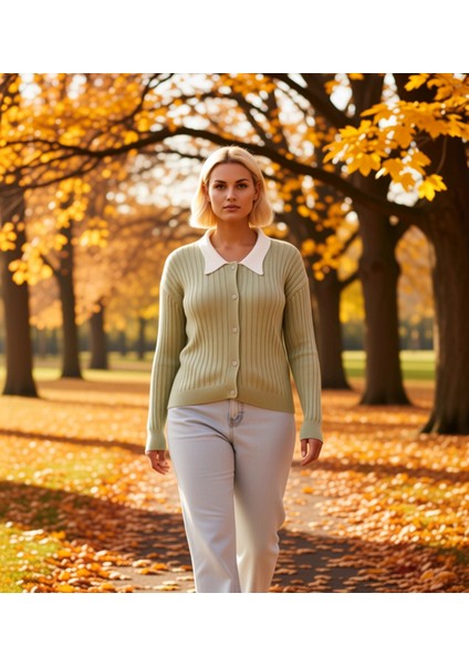 Kadın Şık Fitilli Dokuma Gömlek Yaka Detaylı Düğmeli Uzun Kollu Rahat Kesim Günlük Triko Hırka