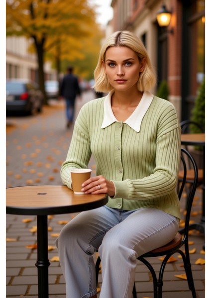 Kadın Şık Fitilli Dokuma Gömlek Yaka Detaylı Düğmeli Uzun Kollu Rahat Kesim Günlük Triko Hırka fiyatları