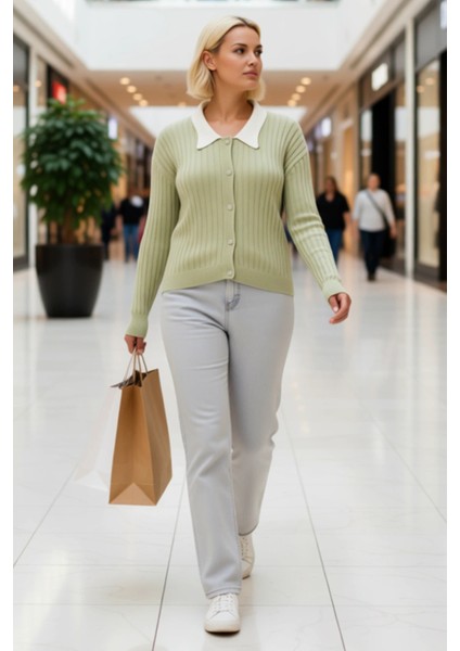 Kadın Şık Fitilli Dokuma Gömlek Yaka Detaylı Düğmeli Uzun Kollu Rahat Kesim Günlük Triko Hırka modelleri