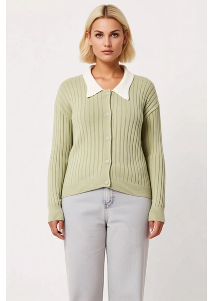 Kadın Şık Fitilli Dokuma Gömlek Yaka Detaylı Düğmeli Uzun Kollu Rahat Kesim Günlük Triko Hırka fırsatları