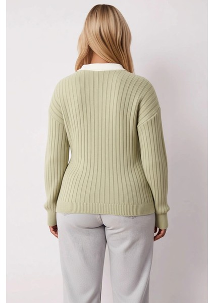 Kadın Şık Fitilli Dokuma Gömlek Yaka Detaylı Düğmeli Uzun Kollu Rahat Kesim Günlük Triko Hırka indirimleri