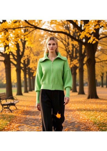 Kadın Geniş Kalıp Devrik Yaka Fermuarlı Triko Hırka Rahat ve Şık Görünüm Sunan Uzun Kollu Üst Giyim