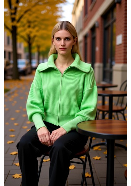 Kadın Geniş Kalıp Devrik Yaka Fermuarlı Triko Hırka Rahat ve Şık Görünüm Sunan Uzun Kollu Üst Giyim fiyatları