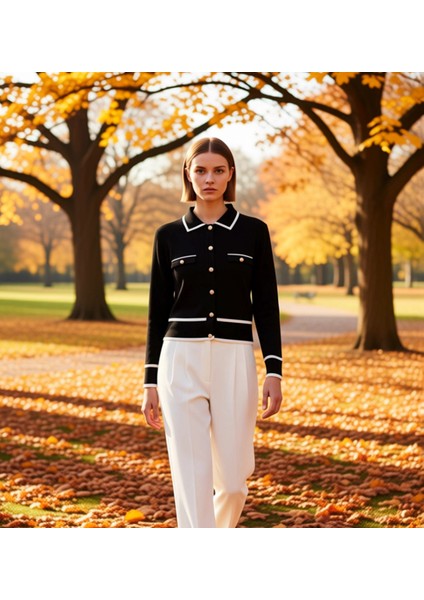 Kadın Çizgili Polo Yaka Triko Hırka Fonksiyonel Dayanıklı Kaliteli Konforlu Estetik Modern