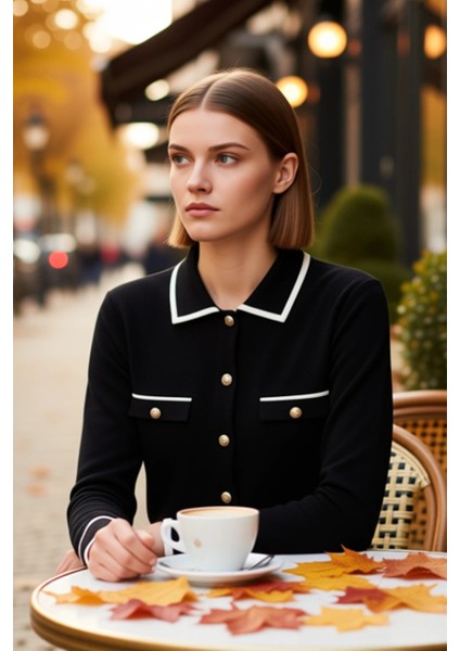 Kadın Çizgili Polo Yaka Triko Hırka Fonksiyonel Dayanıklı Kaliteli Konforlu Estetik Modern fiyatları