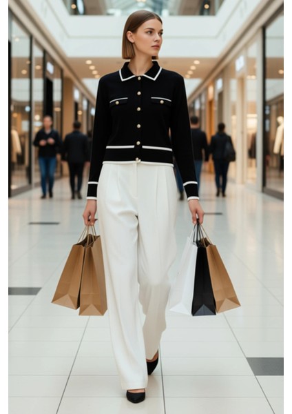 Kadın Çizgili Polo Yaka Triko Hırka Fonksiyonel Dayanıklı Kaliteli Konforlu Estetik Modern modelleri