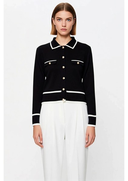 Kadın Çizgili Polo Yaka Triko Hırka Fonksiyonel Dayanıklı Kaliteli Konforlu Estetik Modern fırsatları