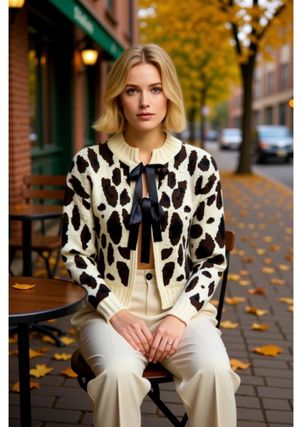 Kadın Leopar Desenli Önü Bağlama Detaylı Yumuşak Dokulu Uzun Kollu Regular Kalıp Crop Triko Hırka fiyatları