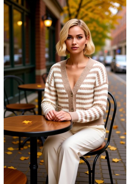 Kadın V Yaka Düğmeli Crop Kesim Düşük Kol Çizgili Desenli Yumuşak Dokulu Triko Hırka Rahat fiyatları