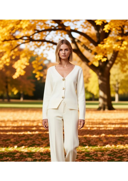 Kadın Şık V Yaka Düğmeli Triko Hırka Zamansız Tasarımıyla Gündelik ve Özel Anlara Uyum Sağlayan