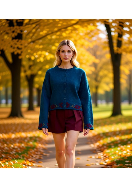 Kadın Yumuşak Dokulu Geniş Kalıp Çiçek Nakış Detaylı Düğmeli Uzun Kollu Triko Hırka Modeli