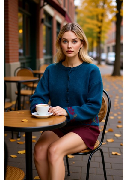 Kadın Yumuşak Dokulu Geniş Kalıp Çiçek Nakış Detaylı Düğmeli Uzun Kollu Triko Hırka Modeli fiyatları