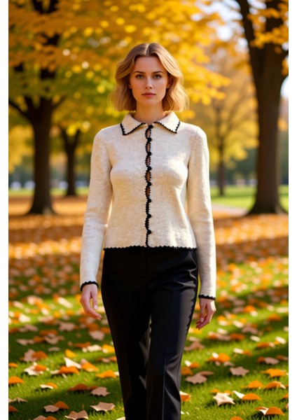 Kadın Kontrast Detaylı Polo Yaka Triko Hırka Günlük Şıklık ve Konfor Sunan Tasarım Estetik