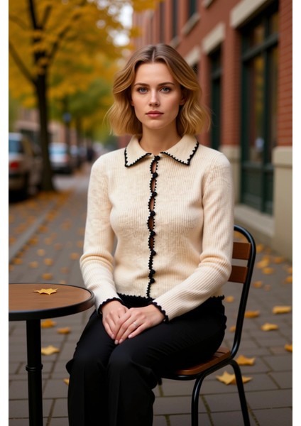 Kadın Kontrast Detaylı Polo Yaka Triko Hırka Günlük Şıklık ve Konfor Sunan Tasarım Estetik fiyatları