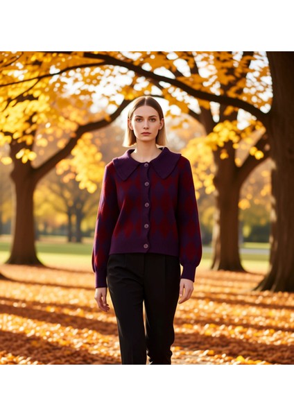 Kadın Regular Kesim Baklava Desenli Bebe Yaka Uzun Kollu Pike Dokuma Örme Triko Hırka Rahat Şıklık