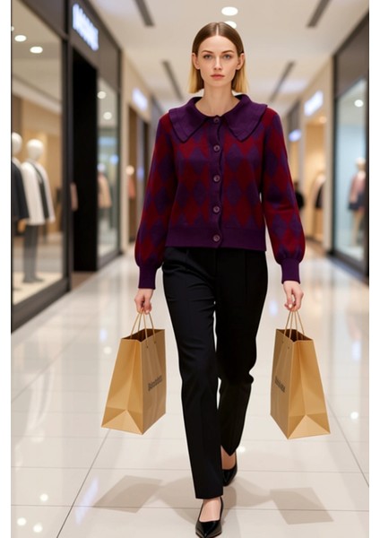 Kadın Regular Kesim Baklava Desenli Bebe Yaka Uzun Kollu Pike Dokuma Örme Triko Hırka Rahat Şıklık fiyatları