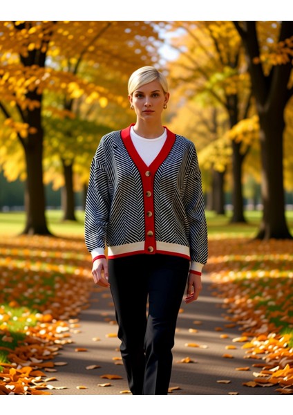 Kadın Oversize Geometrik Desenli Düğmeli Triko Hırka Konforlu Günlük Stilin Tamamlayıcısı Şık