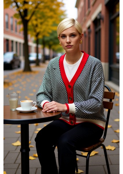 Kadın Oversize Geometrik Desenli Düğmeli Triko Hırka Konforlu Günlük Stilin Tamamlayıcısı Şık fiyatları