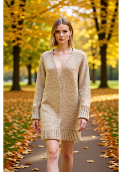 Kadın V Yaka Reglan Kol Uzun Boy Geniş Kalıp Yumuşak Dokulu Düz Desen Rahat Triko Örgü Hırka