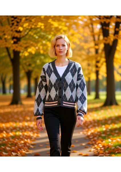 Kadın Baklava Desenli Oversize V Yaka Düşük Kol Triko Hırka Gündelik Şıklığınızın Anahtarı