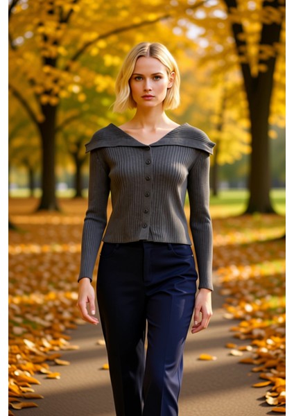 Kadın Devrik Yaka Fitilli Triko Hırka Uzun Kollu Crop Kesim Rahat ve Şık Kombinlerin Vazgeçilmezi