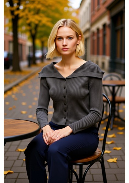 Kadın Devrik Yaka Fitilli Triko Hırka Uzun Kollu Crop Kesim Rahat ve Şık Kombinlerin Vazgeçilmezi fiyatları