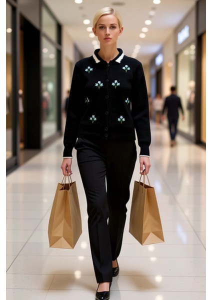 Kadın Çiçek Nakışlı Polo Yaka Triko Hırka Rahat Kesim Günlük Tamamlayan Zarif Bir Parça Şık modelleri