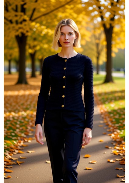 Kadın Dokulu Triko Hırka Bisiklet Yaka Uzun Kollu Düğme Detaylı Günlük Şıklık ve Konfor Şık