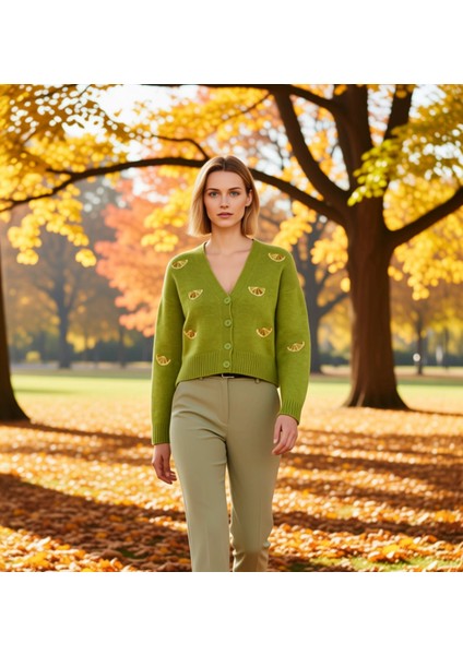 Kadın Oversize Crop V Yaka Düşük Kol Nakışlı Triko Hırka Portakal Dilimi Desenli Yumuşak Dokulu