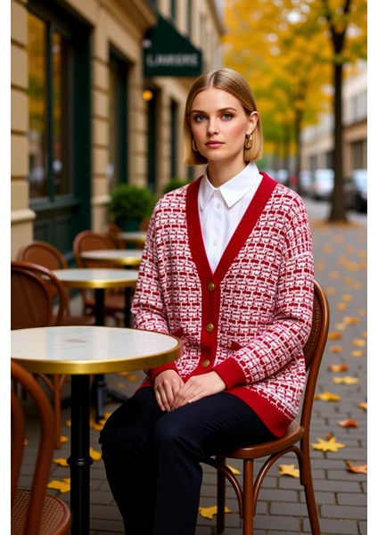 Kadın Geniş Kalıp V Yaka Düşük Kol Dokulu Simli Tüvit Görünümlü Uzun Triko Hırka Düğmeli Şık fiyatları