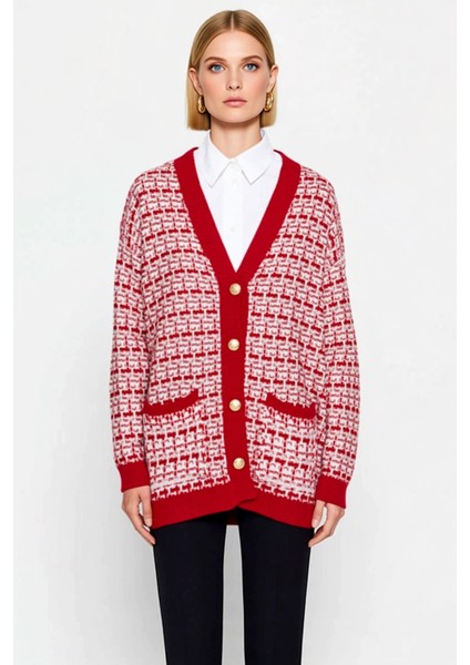 Kadın Geniş Kalıp V Yaka Düşük Kol Dokulu Simli Tüvit Görünümlü Uzun Triko Hırka Düğmeli Şık fırsatları