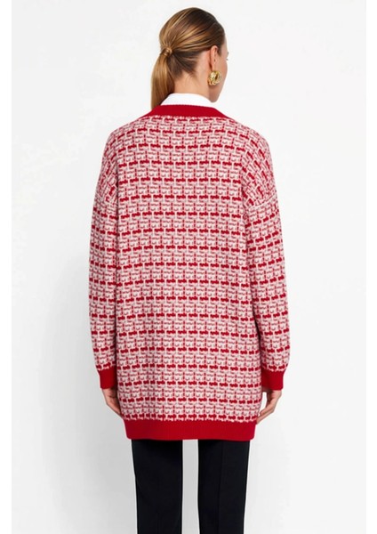 Kadın Geniş Kalıp V Yaka Düşük Kol Dokulu Simli Tüvit Görünümlü Uzun Triko Hırka Düğmeli Şık indirimleri